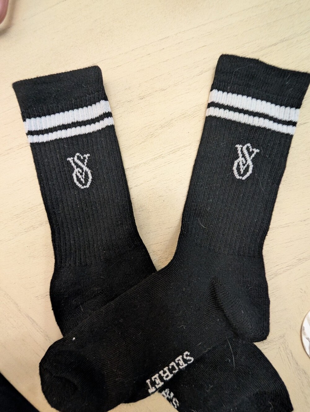 Womens Black Athletic Crew Socks with White Stripes VS Logo